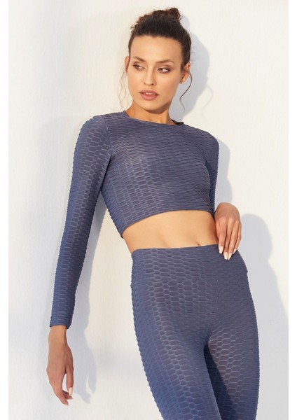 Petrol Kendinden Desenli O Yaka Uzun Kol Kadın Crop Top T-Shirt - 97153