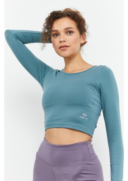 Mint Yeşili Uzun Kollu Dar Kalıp O Yaka Kadın Crop Top T-Shirt - 97150