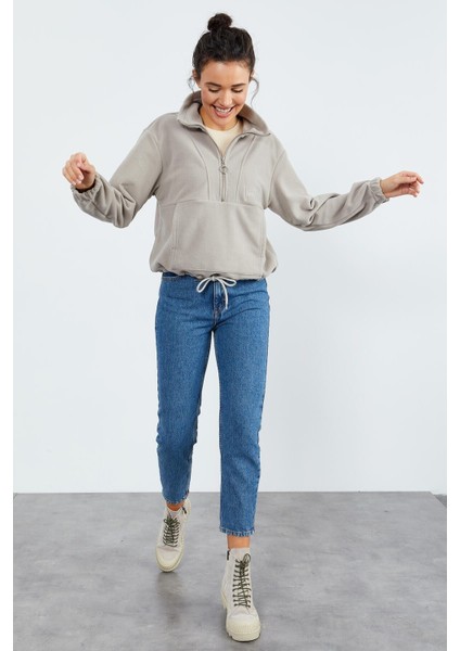 Koyu Bej Yarım Fermuar Etek Ucu Büzgülü Kadın Polar Oversize Sweatshirt - 97171 fiyatları
