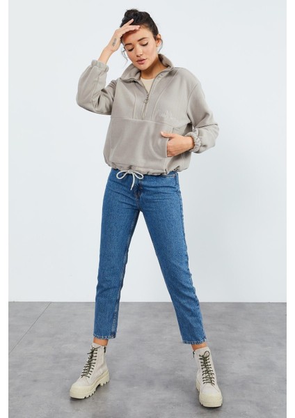 Koyu Bej Yarım Fermuar Etek Ucu Büzgülü Kadın Polar Oversize Sweatshirt - 97171 fırsatları