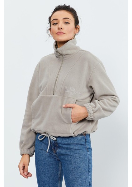 Koyu Bej Yarım Fermuar Etek Ucu Büzgülü Kadın Polar Oversize Sweatshirt - 97171 indirimleri