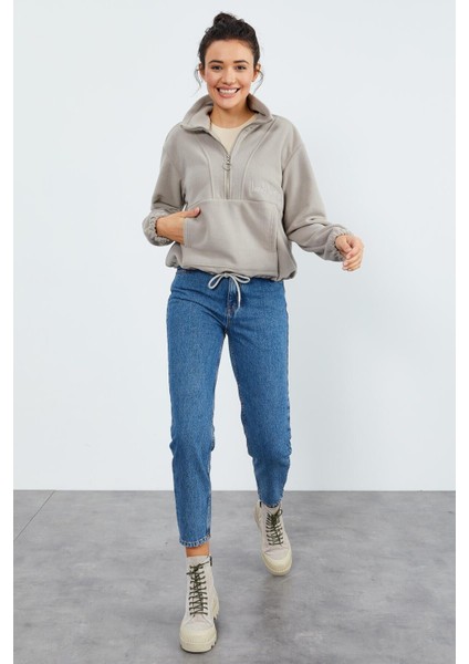 Koyu Bej Yarım Fermuar Etek Ucu Büzgülü Kadın Polar Oversize Sweatshirt - 97171