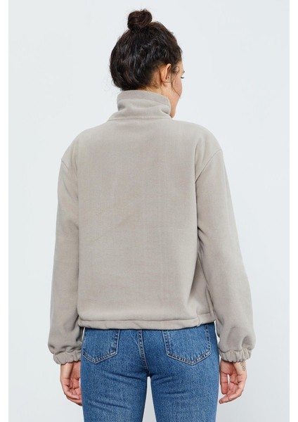Koyu Bej Yarım Fermuar Etek Ucu Büzgülü Kadın Polar Oversize Sweatshirt - 97171