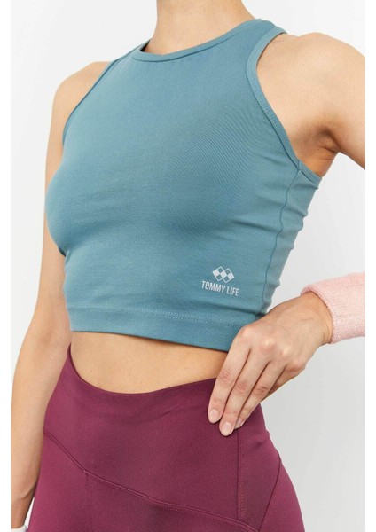 Mint Yeşili Sıfır Kol Dar Kalıp O Yaka Kadın Crop Top Atlet - 97148