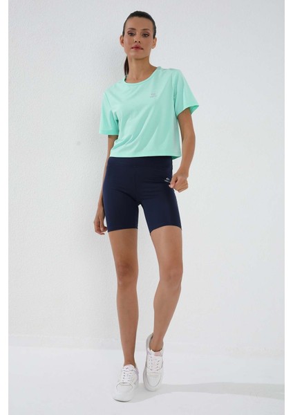 Mint Yeşili Basic Kısa Kol Standart Kalıp O Yaka Kadın Crop Top T-Shirt - 97143