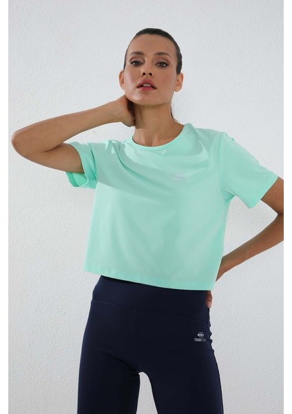 Mint Yeşili Basic Kısa Kol Standart Kalıp O Yaka Kadın Crop Top T-Shirt - 97143