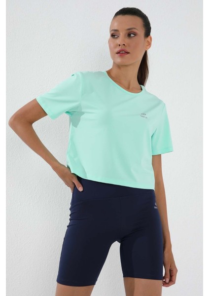 Mint Yeşili Basic Kısa Kol Standart Kalıp O Yaka Kadın Crop Top T-Shirt - 97143