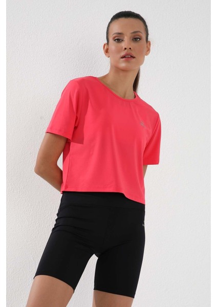 Fuşya Basic Kısa Kol Standart Kalıp O Yaka Kadın Crop Top T-Shirt - 97143