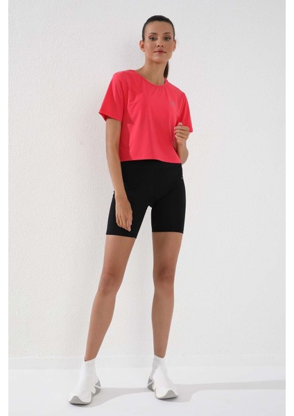 Fuşya Basic Kısa Kol Standart Kalıp O Yaka Kadın Crop Top T-Shirt - 97143