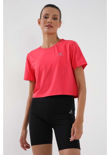 Fuşya Basic Kısa Kol Standart Kalıp O Yaka Kadın Crop Top T-Shirt - 97143