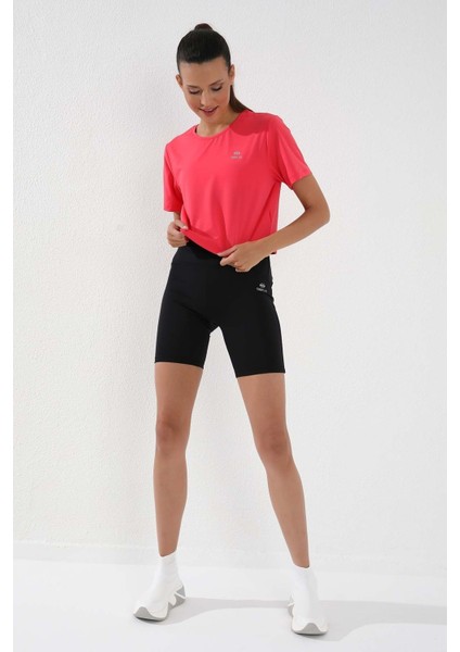 Fuşya Basic Kısa Kol Standart Kalıp O Yaka Kadın Crop Top T-Shirt - 97143