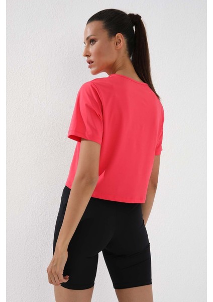 Fuşya Basic Kısa Kol Standart Kalıp O Yaka Kadın Crop Top T-Shirt - 97143