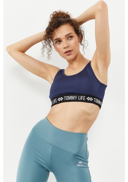 Tommy Life İndigo Yazı Şeritli Standart Kalıp U Yaka Kadın Spor Büstiyer - 97113