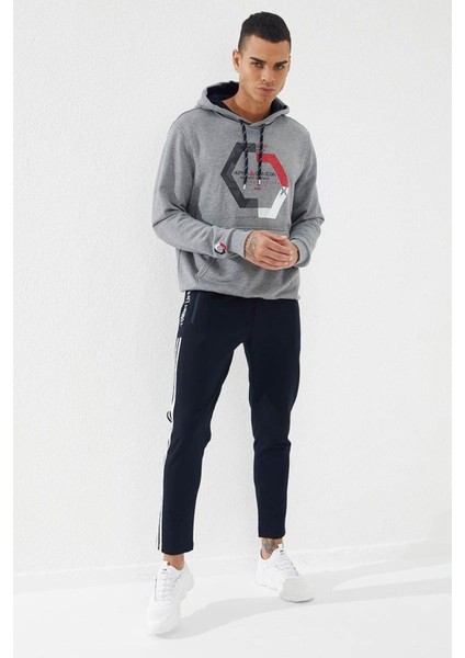 Gri Melanj Geometrik Baskılı Standart Kalıp Kapüşonlu Erkek Sweatshirt - 87870