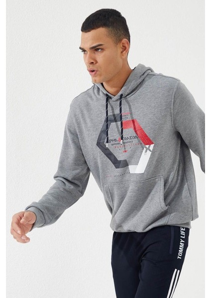 Gri Melanj Geometrik Baskılı Standart Kalıp Kapüşonlu Erkek Sweatshirt - 87870