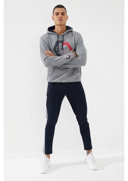 Gri Melanj Geometrik Baskılı Standart Kalıp Kapüşonlu Erkek Sweatshirt - 87870