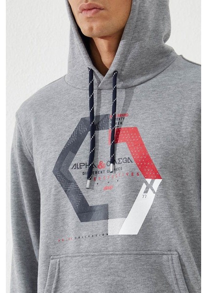 Gri Melanj Geometrik Baskılı Standart Kalıp Kapüşonlu Erkek Sweatshirt - 87870