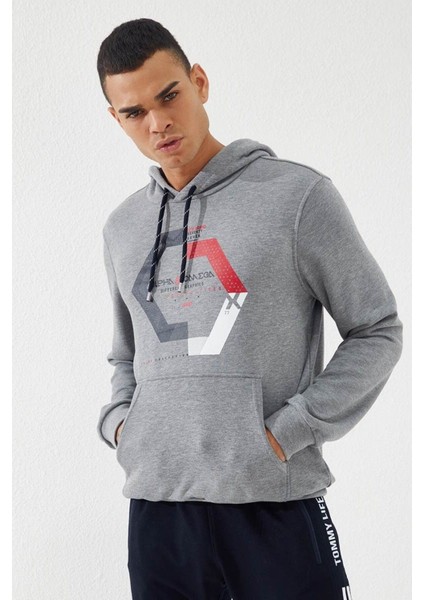 Gri Melanj Geometrik Baskılı Standart Kalıp Kapüşonlu Erkek Sweatshirt - 87870
