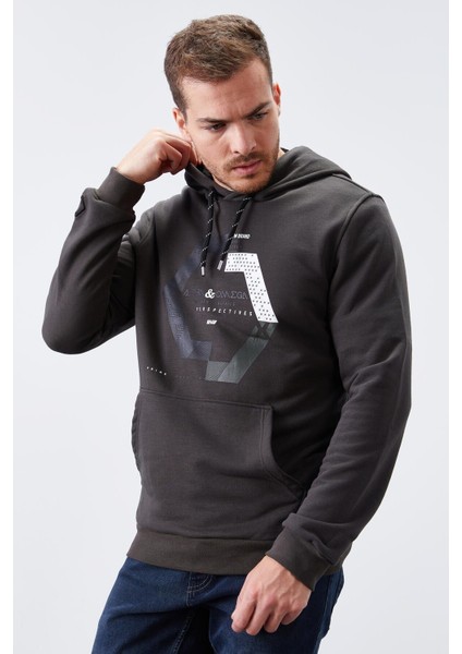 Haki Geometrik Baskılı Standart Kalıp Kapüşonlu Erkek Sweatshirt - 87870