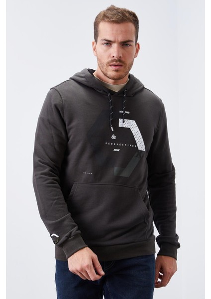 Haki Geometrik Baskılı Standart Kalıp Kapüşonlu Erkek Sweatshirt - 87870