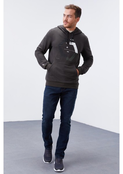 Haki Geometrik Baskılı Standart Kalıp Kapüşonlu Erkek Sweatshirt - 87870