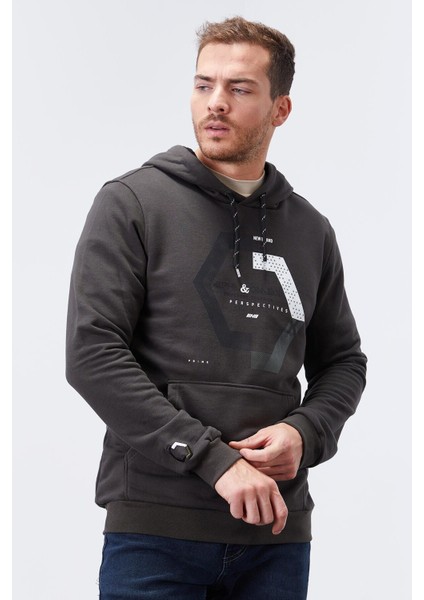 Haki Geometrik Baskılı Standart Kalıp Kapüşonlu Erkek Sweatshirt - 87870