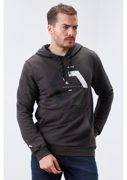 Haki Geometrik Baskılı Standart Kalıp Kapüşonlu Erkek Sweatshirt - 87870