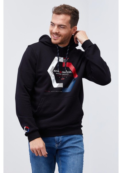 Lacivert Geometrik Baskılı Standart Kalıp Kapüşonlu Erkek Sweatshirt - 87870