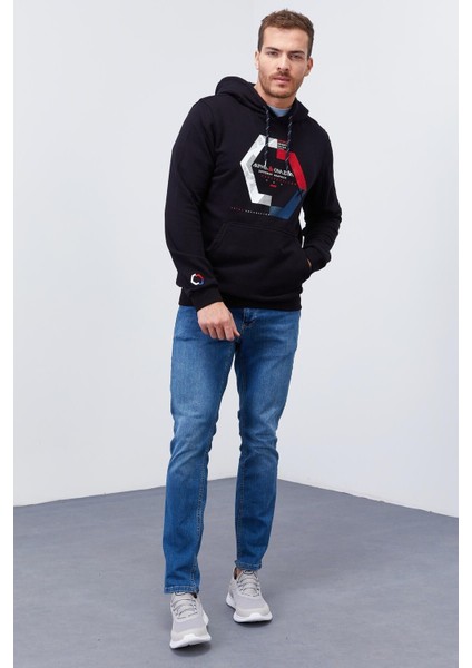 Lacivert Geometrik Baskılı Standart Kalıp Kapüşonlu Erkek Sweatshirt - 87870
