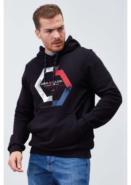 Lacivert Geometrik Baskılı Standart Kalıp Kapüşonlu Erkek Sweatshirt - 87870