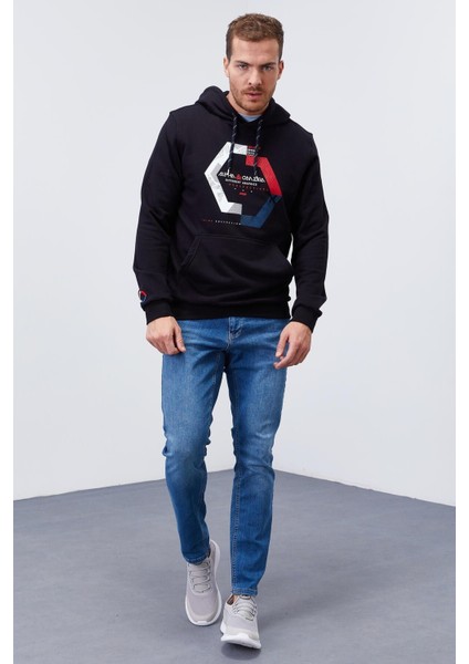 Lacivert Geometrik Baskılı Standart Kalıp Kapüşonlu Erkek Sweatshirt - 87870