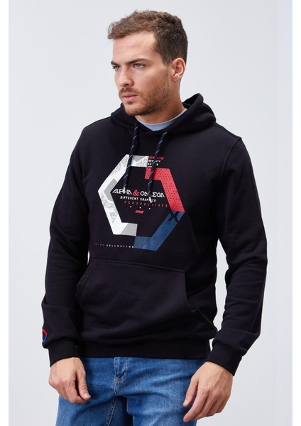 Lacivert Geometrik Baskılı Standart Kalıp Kapüşonlu Erkek Sweatshirt - 87870