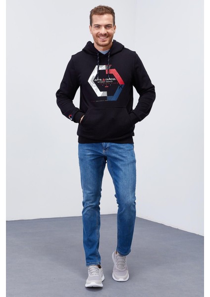 Lacivert Geometrik Baskılı Standart Kalıp Kapüşonlu Erkek Sweatshirt - 87870