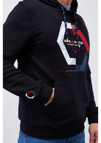 Lacivert Geometrik Baskılı Standart Kalıp Kapüşonlu Erkek Sweatshirt - 87870