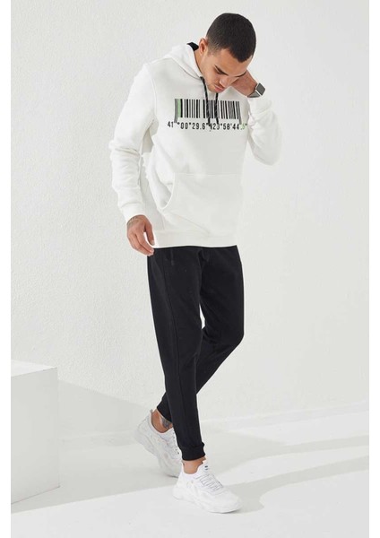 Ekru Nakışlı Kanguru Cep Standart Kalıp Kapüşonlu Erkek Sweatshirt - 87839