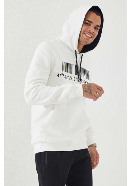 Ekru Nakışlı Kanguru Cep Standart Kalıp Kapüşonlu Erkek Sweatshirt - 87839