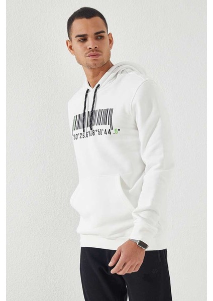 Ekru Nakışlı Kanguru Cep Standart Kalıp Kapüşonlu Erkek Sweatshirt - 87839