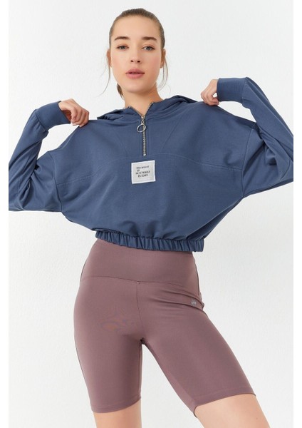 Petrol Beli Büzgülü Kapüşonlu Yarım Fermuarlı Rahat Form Kadın Crop Top Sweatshirt - 97155