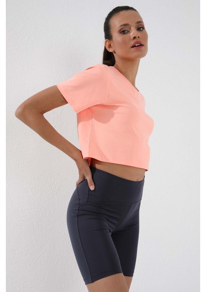 Mercan Basic Kısa Kol Standart Kalıp O Yaka Kadın Crop Top T-Shirt - 97143