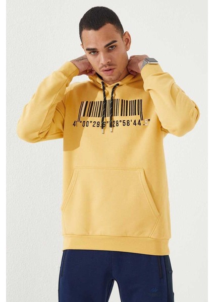 Hardal Nakışlı Kanguru Cep Standart Kalıp Kapüşonlu Erkek Sweatshirt - 87839