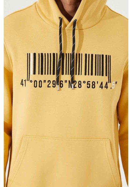 Hardal Nakışlı Kanguru Cep Standart Kalıp Kapüşonlu Erkek Sweatshirt - 87839