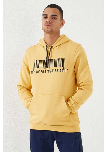 Hardal Nakışlı Kanguru Cep Standart Kalıp Kapüşonlu Erkek Sweatshirt - 87839