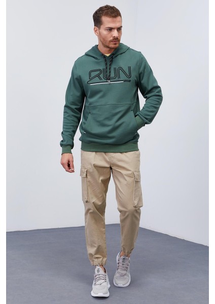 Yeşil Yazı Nakışlı Standart Kalıp Kapüşonlu Erkek Sweatshirt - 87887