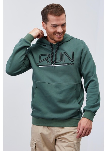 Yeşil Yazı Nakışlı Standart Kalıp Kapüşonlu Erkek Sweatshirt - 87887