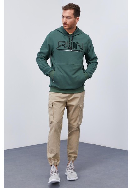 Yeşil Yazı Nakışlı Standart Kalıp Kapüşonlu Erkek Sweatshirt - 87887