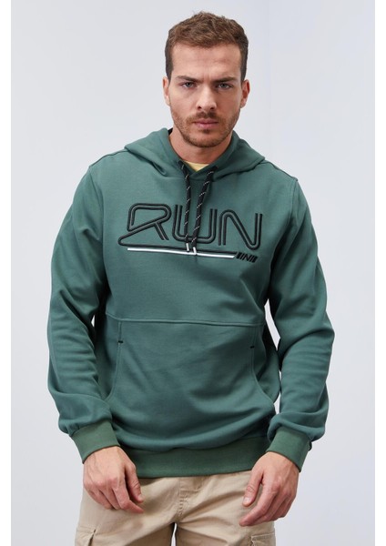 Yeşil Yazı Nakışlı Standart Kalıp Kapüşonlu Erkek Sweatshirt - 87887