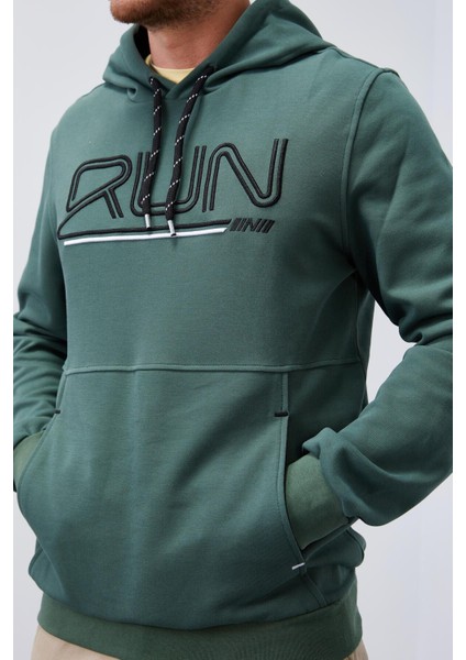 Yeşil Yazı Nakışlı Standart Kalıp Kapüşonlu Erkek Sweatshirt - 87887