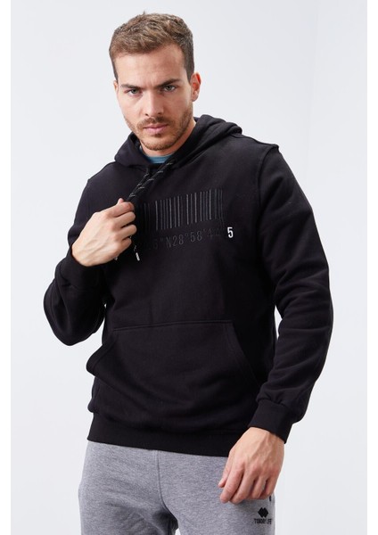 Siyah Nakışlı Kanguru Cep Standart Kalıp Kapüşonlu Erkek Sweatshirt - 87839