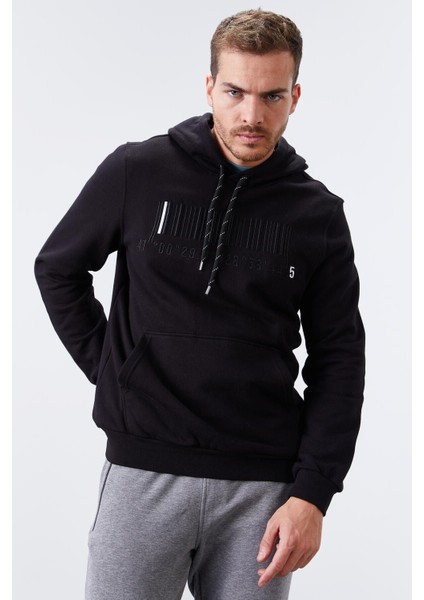 Siyah Nakışlı Kanguru Cep Standart Kalıp Kapüşonlu Erkek Sweatshirt - 87839