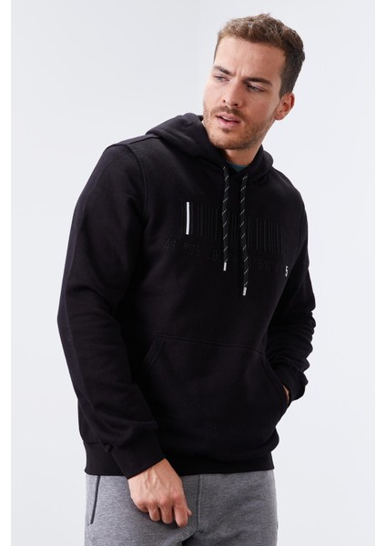 Siyah Nakışlı Kanguru Cep Standart Kalıp Kapüşonlu Erkek Sweatshirt - 87839